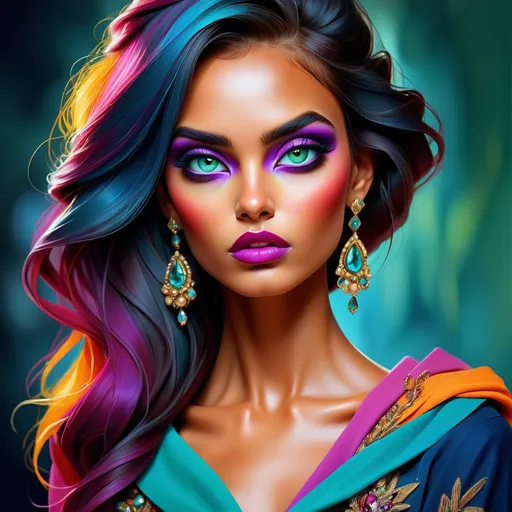 Prompt: digital painting, dramatic colourful makeup, high fashion, intense gaze, realistic portrayal, vibrant colors, detailed features, highres, professional, dramatic, realistic, digital painting, intense gaze, vibrant colors, detailed features, high fashion, glamorous lighting