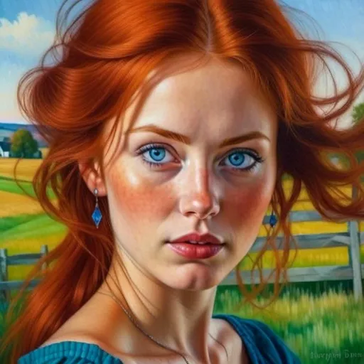 Prompt: <mymodel>a pretty farm girl in a classic farm scene with a red barn, rustic countryside setting, vibrant green pastures, traditional wooden fences, clear blue sky, high quality, oil painting, classic style, warm tones, natural lighting