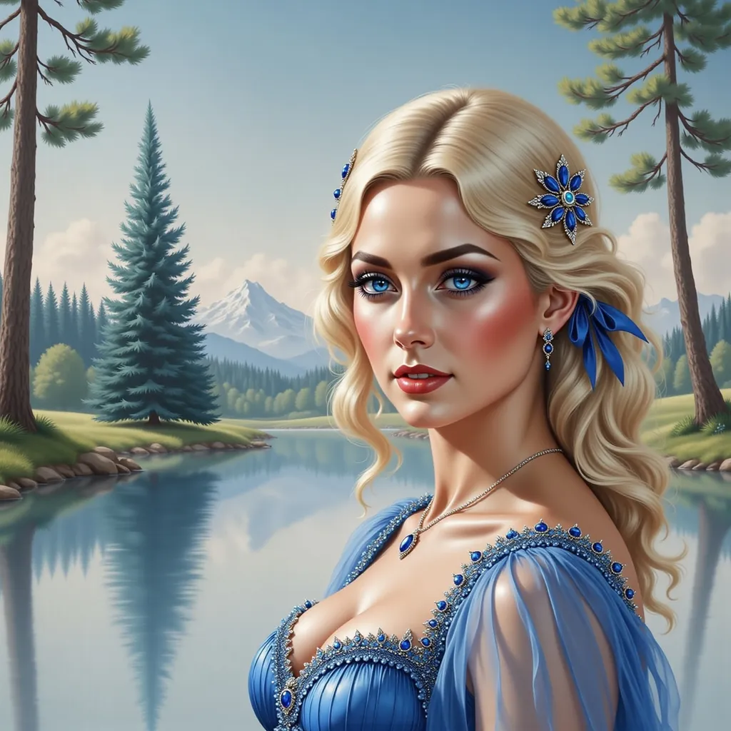 Prompt: a painting of a woman with a pine tree in the background and a mountain in the background, Charlie Bowater, fantasy art, stanley artgerm lau, a detailed painting