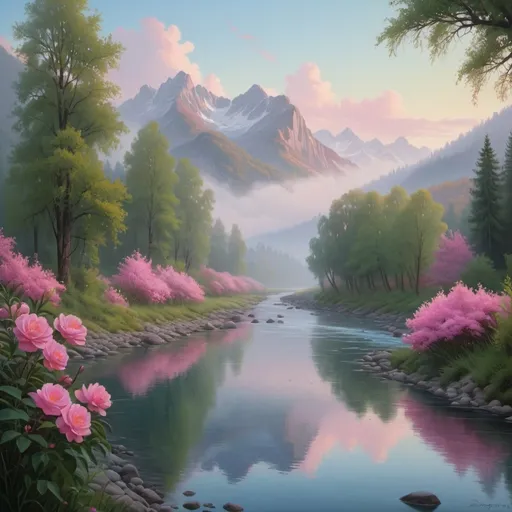 Prompt: a painting of a river with trees and mountains in the background and fog in the air above it, and a few pink flowers in the foreground, Evgeny Lushpin, naturalism, beautiful landscape, a matte painting