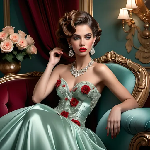 Prompt: Draped in a luxurious mint green gown adorned with intricate floral embellishments and sparkling jewels, the striking figure exudes elegance as she sits poised in an opulent room. Her cascading auburn curls frame a flawless complexion highlighted by bold red lips and dramatic earrings, while a bouquet of red and cream roses rests gently in her lap. The room is rich with color, featuring deep green walls, ornate gold fixtures, and a classic wooden dresser, all accentuating the vintage charm of the setting. Warm, inviting lighting casts a soft glow, enhancing the lavish atmosphere and creating a sense of nostalgia and beauty, as the mirror reflects the intricate details of the decor and her exquisite attire. This captivating scene conveys a narrative of timeless grace and sophistication, drawing the viewer into a world of refined glamour.