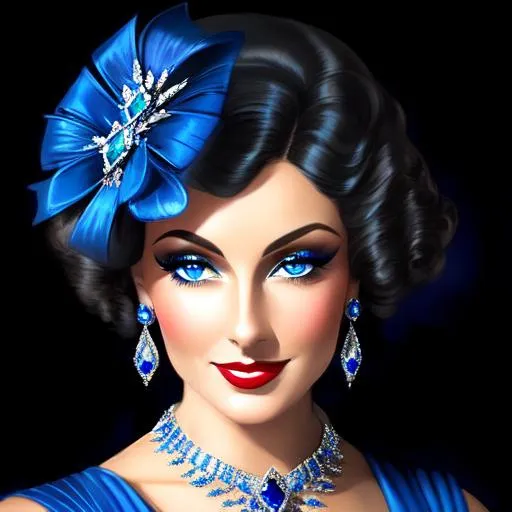 Prompt: Glamorously dressed lady of rhe 1930's wearing sapphire jewelry,blue eyes