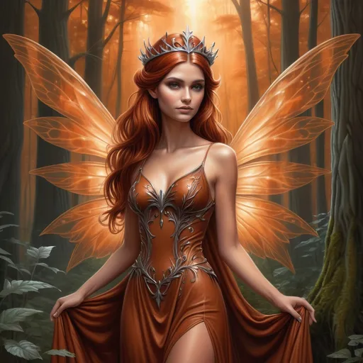 Prompt: a beautiful woman wear a rust colored dress with fairy wings and a tiara on her head standing in a forest, Anne Stokes, fantasy art, highly detailed digital painting, a detailed painting