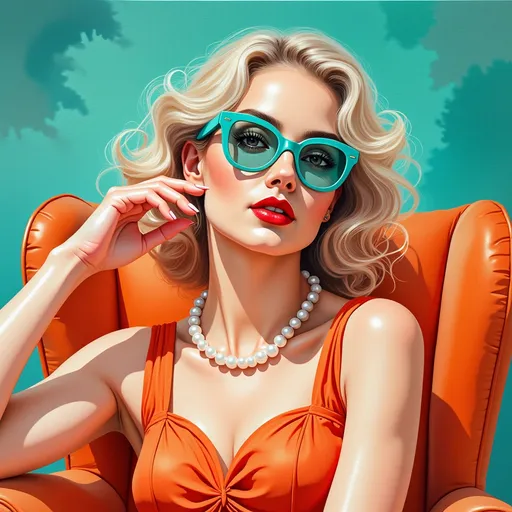 Prompt: With an air of retro elegance, a glamorous woman gazes confidently from a plush, vibrant orange armchair. Her platinum blonde hair cascades in soft, voluminous waves, perfectly framing her striking features, while oversized turquoise sunglasses amplify her chic persona. Bold red lips and a delicate pearl necklace add to her sophisticated allure, and the rich teal backdrop complements her striking attire, enhancing the stylish atmosphere. The image exudes a playful yet polished vibe, evoking a sense of nostalgic luxury and confidence in a meticulously curated setting.