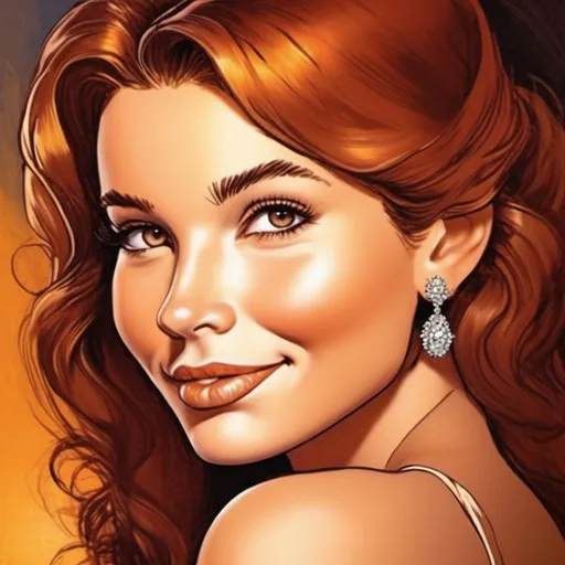 Prompt: Glowing with warmth, a striking woman gazes over her shoulder, her lustrous auburn hair cascading in soft waves that mirror the rich hues of the vibrant, golden background. Her expressive brown eyes, framed by elegant lashes, radiate confidence, while a hint of a smile plays on her lips, enhancing her captivating beauty. The delicate earrings she wears catch the light, adding a touch of sparkle that complements her flawless complexion. The composition focuses tightly on her graceful features, drawing attention to her poised demeanor against a softly blurred, warm backdrop that evokes a sense of intimacy and allure, creating a narrative rich with charm and sophistication.
