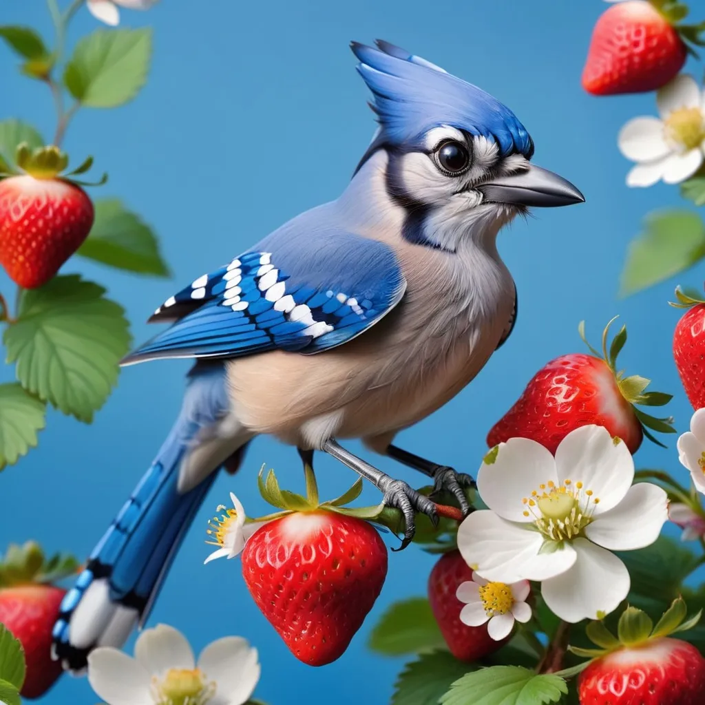 Prompt: a bluejay sitting on a blooming strawberry bush, flowers, blue background