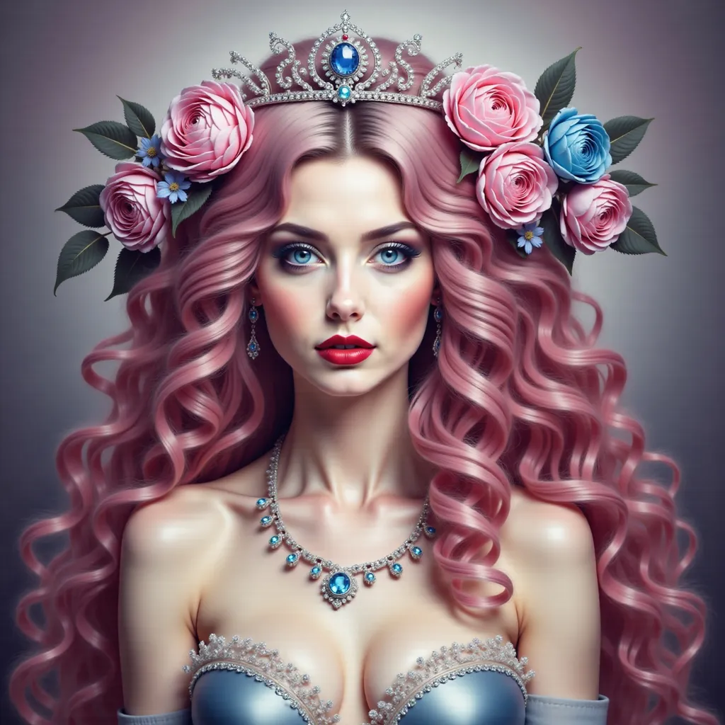 Prompt: a woman with pink hair and  a with flowers in her hair and a tiara on her head, Anna Dittmann, fantasy art, highly detailed digital painting, a digital painting