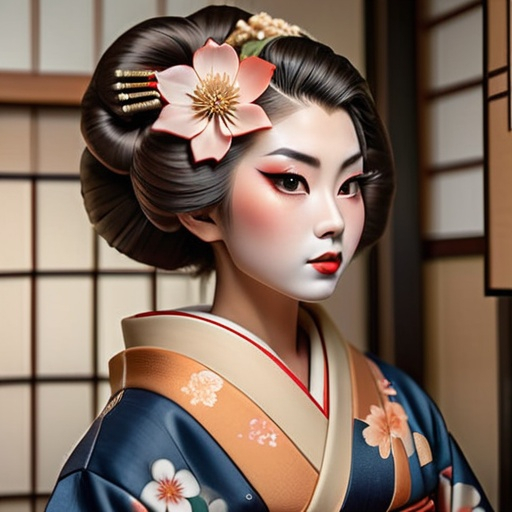 Prompt: Vintage-inspired geisha in a kimono, traditional Japanese artwork, delicate floral patterns, detailed kimono embroidery, authentic geisha hairstyle, captivating gaze, vintage art style, warm earthy tones, soft lighting, high quality, vintage, geisha, kimono, traditional, delicate patterns, detailed embroidery, authentic hairstyle, captivating gaze, vintage art style, warm tones, soft lighting, detailed