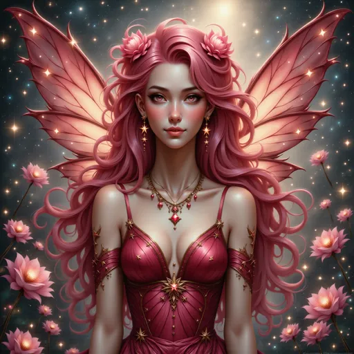 Prompt: Ruby fairy goddess, ethereal and enchanting presence, glowing ruby-red wings shimmering softly, adorned in flowing silks and delicate jewelry, forest background filled with sparkling fairy lights and vibrant flowers, warm and magical ambiance, capturing a cosmic essence of fantasy, ultra-detailed, high-quality resolution, mythological and captivating expression, gentle smile illuminating the scene.