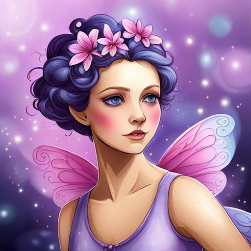 Prompt: purple, pink and blue flower fairy