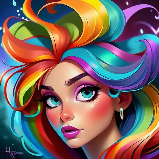 Prompt: Colorful digital painting of a vibrant young woman, flowing rainbow hair, twinkles, expressive eyes, whimsical fantasy setting, high-quality, digital painting, colorful, vibrant, flowing hair, expressive eyes, whimsical, fantasy, detailed, professional, bright colors, atmospheric lighting