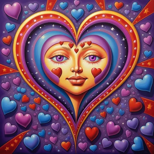 Prompt: a heart with a face and many hearts around it, with stars and hearts around it, and a purple background, Alex Grey, pop surrealism, cheerful, a pop art painting