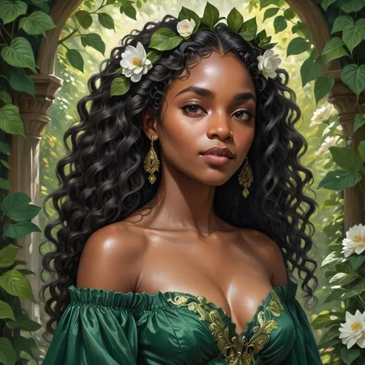 Prompt: Bathed in dappled sunlight, a young black woman exudes grace amidst a lush, verdant backdrop, adorned with intricate foliage and blooming flowers. Her striking features are framed by cascading, voluminous curls, while her expression conveys both strength and serenity. Clad in a deep emerald gown that elegantly drapes over her shoulders, it features ornate golden accents reminiscent of nature’s beauty, including a delicate crown adorned with a central emerald gemstone. The atmosphere is enchanting, evoking a sense of wonder, as if she embodies the very spirit of a woodland queen, harmoniously connected to the vibrant environment surrounding her.