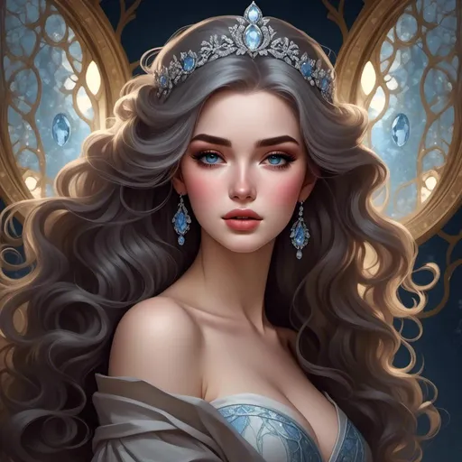 Prompt: <mymodel>A beautiful woman, snow white hair with pastel highlights, frosty blue eyes, blue eyeshadow, blue jewels on forehead