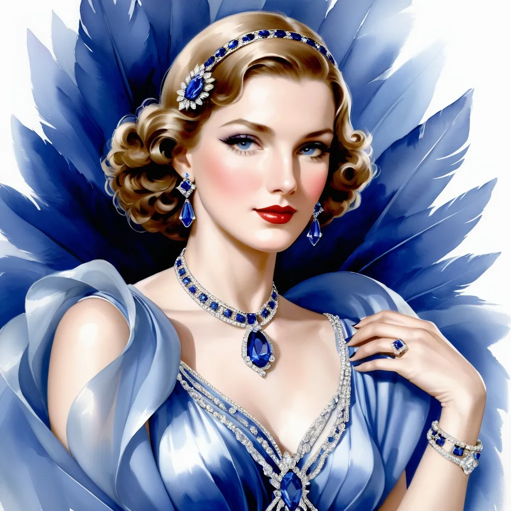 Prompt: Glamorously dressed lady of rhe 1930's wearing sapphire jewelry