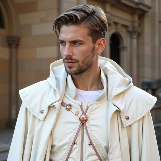 Prompt: Handsome, man regal tunic, ivory white, with armor sewn into the fabric. Cascading cape, draping from the shoulder lapel. Cottage core aesthetic. Delicate rose gold detailing.