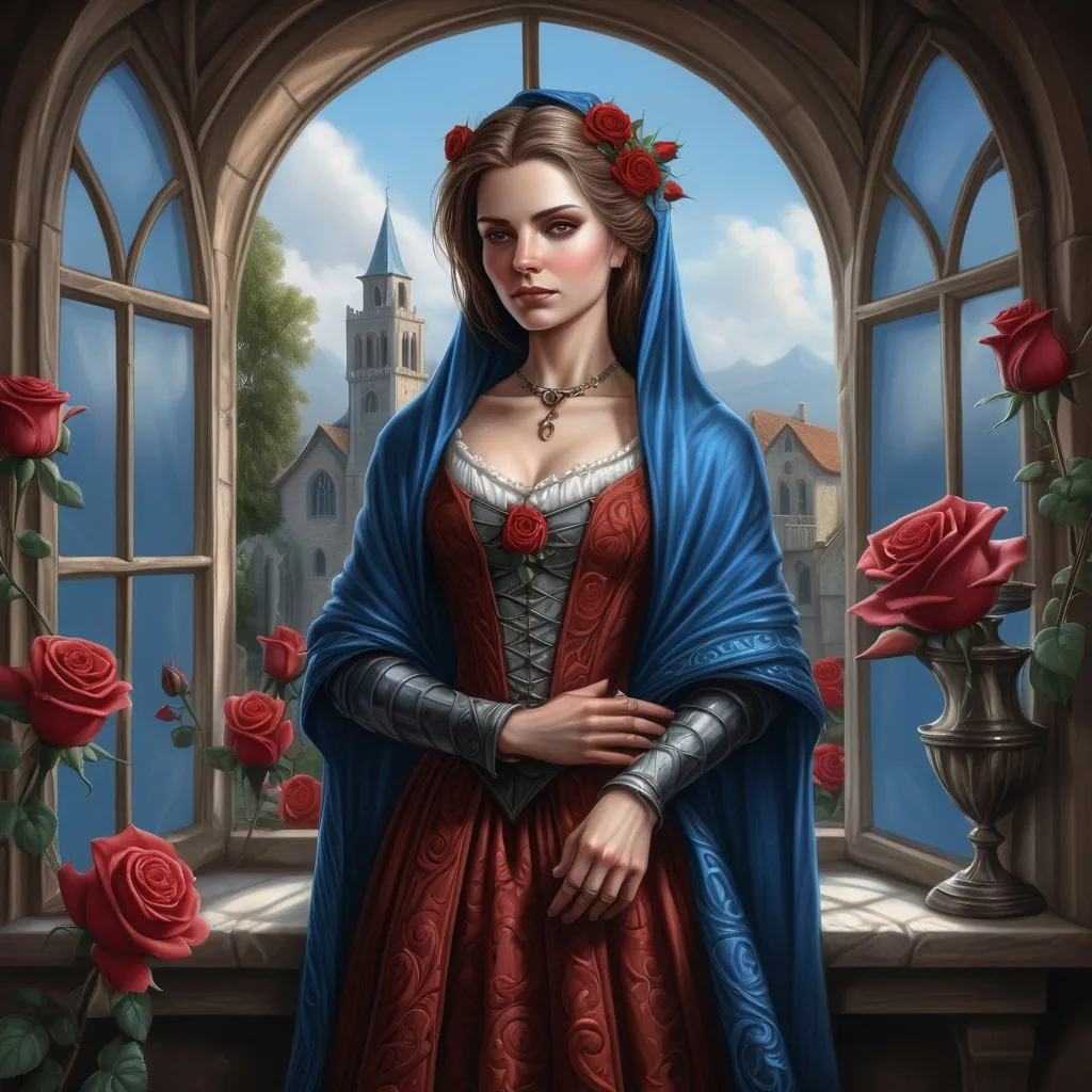 Prompt: a woman in a 16th century dress standing in front of a window with roses around her and a blue shawl, Anne Stokes, fantasy art, highly detailed digital painting, a character portrait