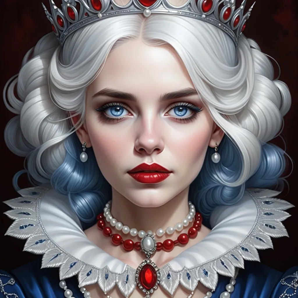 Prompt: a woman with  white hair,  large blue eyes, a tiara and pearls on her head and a red lip and a blue dress with a red and white collar, Anne Stokes, gothic art, highly detailed digital painting, a detailed painting