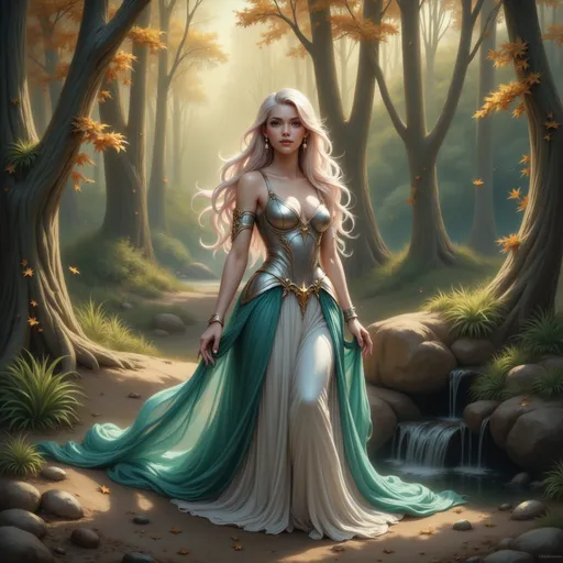 Prompt: Amidst a lush forest bathed in soft golden light, a figure of ethereal beauty stands poised, draped in a flowing gown that seamlessly transitions from sea-green to shimmering silver. Her long, wavy hair cascades down her back, framing a serene expression that speaks to her regal presence. The intricate metallic armor accentuates her form while a delicate crown rests atop her head, suggesting an air of nobility. Surrounding her, tall trees are adorned with vibrant autumn leaves, their warm colors contrasting against the cooler tones of her attire and the misty backdrop. The serene ambiance, enhanced by the gentle trickle of water nearby, conveys a sense of magic and tranquility, inviting viewers to step into this enchanting world.