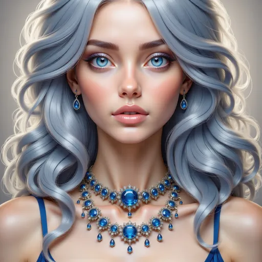 Prompt: a digital painting of a woman with blue hair and sapphire jewelry on her neck .wearing a blue dress, Charlie Bowater, fantasy art, highly detailed digital painting, a detailed painting