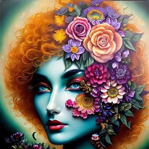 Prompt: Beautiful  hybrid woman with flowers sprouting from her, oil painting, detailed fiery eyes, ethereal glow, dark and mysterious, high quality, vibrant colors, surreal, haunting, intricate floral details, intense gaze, mystical atmosphere, oil painting, demon, hybrid, fiery eyes, ethereal, vibrant colors, surreal, haunting, floral details, intense gaze, mystical atmosphere