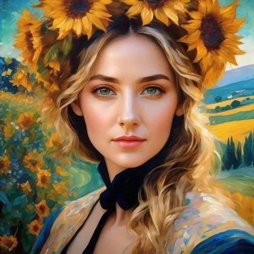 Prompt: <mymodel>Beautiful italian lady in an beautiful landscape of Umbrië, Style Flora Bowley and Vincent van Gogh,8k, dynamic lighting, ultra detailed