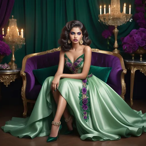 Prompt: With her striking features framed by cascading waves of glossy hair, the young woman exudes an aura of elegance and grace. Adorned in a rich emerald green dress embellished with floral embroidery, she captures attention with her vibrant, glittering jewelry, including a statement necklace and ornate earrings featuring deep purple gems. Her makeup, characterized by bold violet eyeshadow and luminous skin, enhances her captivating green eyes, conveying a sense of mystery and allure. The backdrop, filled with lush greenery and soft hues, further accentuates her regal appearance, while delicate purple leaves add a touch of whimsy, creating a harmonious blend of nature and glamour. The overall atmosphere is one of enchanting beauty, inviting viewers into a world of opulence and sophistication.