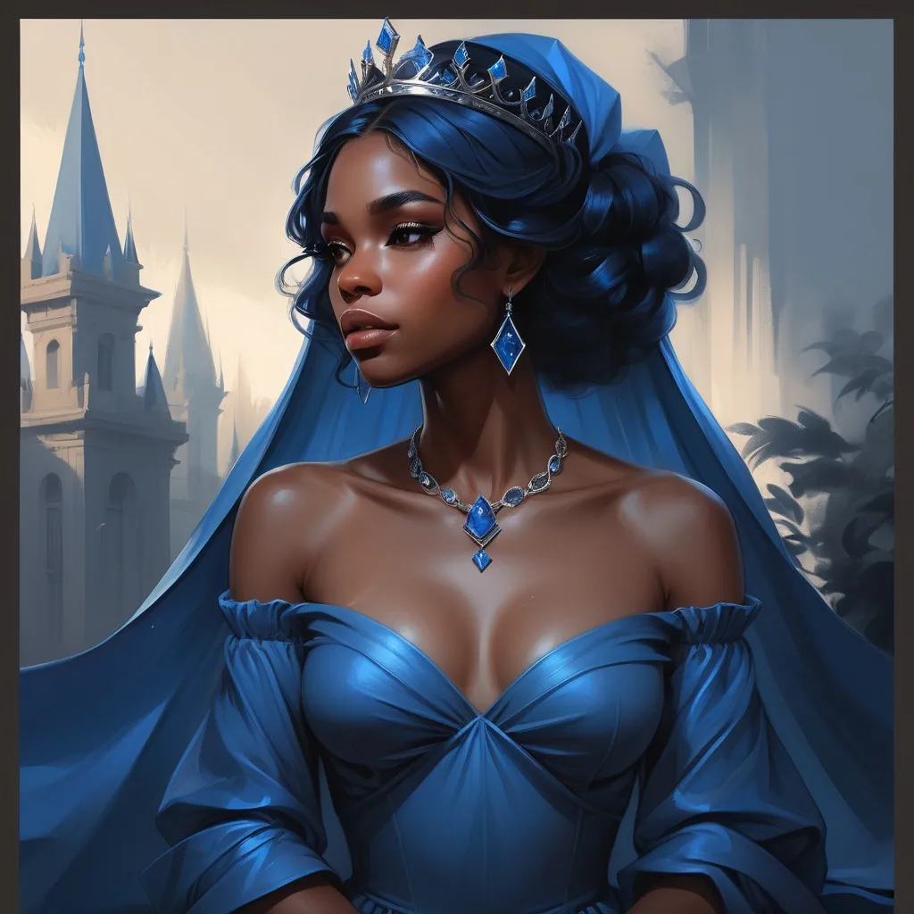 Prompt: a black  woman with a blue dress and a tiara on her head and a blue dress on her shoulders, Charlie Bowater, fantasy art, trending on artstation hq, a painting