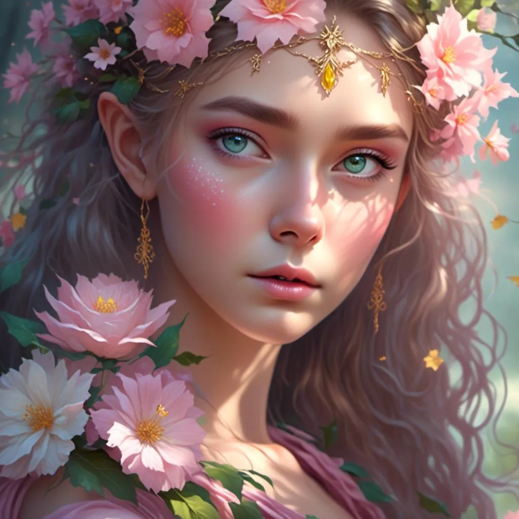 Prompt: <mymodel>Girl, elf, fairy, fantasy, flowers, dreaming, sunny day, pink, green, yellow, natural, she is Queen, grandiose fairy flower dress, grandiose fairy crown, hight quality, grandiose fairy flower wings, in hand she has grandiose fairy flower sceptre