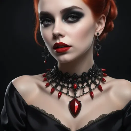 Prompt: a woman with a red lipstick and a necklace on her neck and a black dress on her shoulders and a black background, Evert Collier, gothic art, gothic, a 3D render