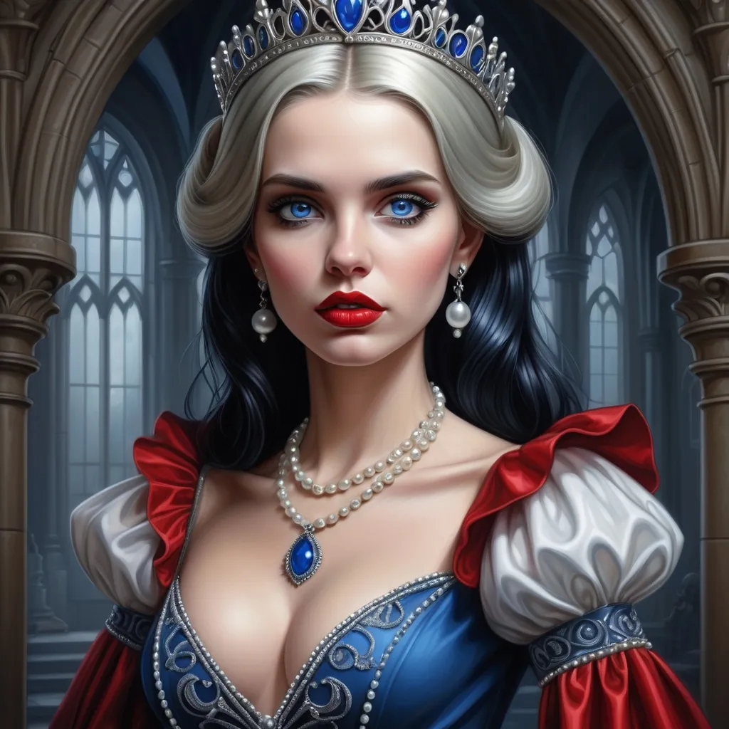 Prompt: a woman with  black hair, blue eyes, a tiara and pearls on her head and a red lip and a blue dress with a red and white collar, Anne Stokes, gothic art, highly detailed digital painting, a detailed painting