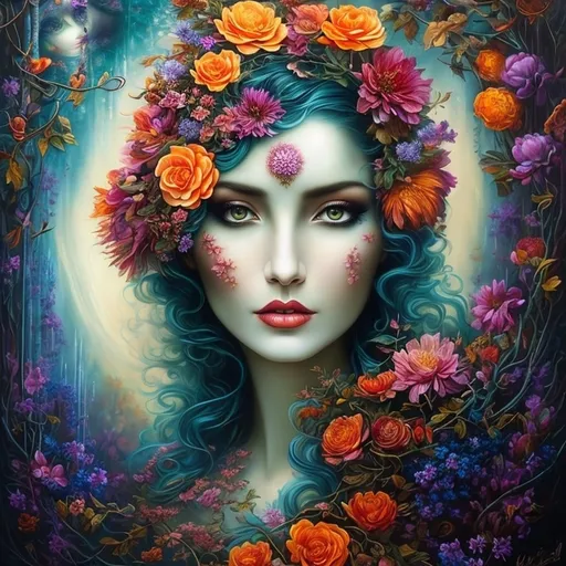 Prompt: Beautiful  hybrid woman with flowers sprouting from her, oil painting, detailed fiery eyes, ethereal glow, dark and mysterious, high quality, vibrant colors, surreal, haunting, intricate floral details, intense gaze, mystical atmosphere, oil painting, demon, hybrid, fiery eyes, ethereal, vibrant colors, surreal, haunting, floral details, intense gaze, mystical atmosphere