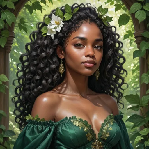 Prompt: Bathed in dappled sunlight, a young black woman exudes grace amidst a lush, verdant backdrop, adorned with intricate foliage and blooming flowers. Her striking features are framed by cascading, voluminous curls, while her expression conveys both strength and serenity. Clad in a deep emerald gown that elegantly drapes over her shoulders, it features ornate golden accents reminiscent of nature’s beauty, including a delicate crown adorned with a central emerald gemstone. The atmosphere is enchanting, evoking a sense of wonder, as if she embodies the very spirit of a woodland queen, harmoniously connected to the vibrant environment surrounding her.
