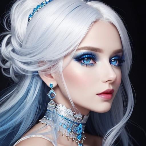 Prompt: A beautiful woman, white hair, blue eyes, blue eyeshadow, blue jewels o