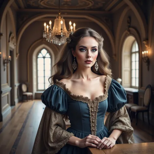 Prompt: a woman in a renaissance dress is posing for a picture in a castle like setting with a chandelier, Artur Tarnowski, renaissance, medieval, a character portrait