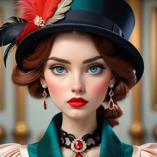 Prompt: <mymodel>fashionable 1st class  female passenger on the Titanic, pale skin, dark styled hair, large lips,  looking sad, facial closeup, vibrant colors, red dress and elaborate hat with feathers
