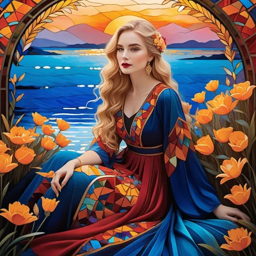 Prompt: Radiating a sense of tranquil beauty, a young woman with flowing, golden hair sits gracefully among vibrant flowers. Her intricately designed dress, composed of colorful geometric patterns, blends harmoniously with the enchanting flora surrounding her. Captured in a moment of serene contemplation, her expression is calm, accentuated by a gentle touch of makeup, including deep red lips. Behind her, the warm hues of a stylized sunset gradually transition from rich oranges and yellows to deep blues, reflected on a still body of water. The entire composition, reminiscent of stained glass art, conveys a magical narrative, evoking feelings of peace, nature, and ethereal elegance.