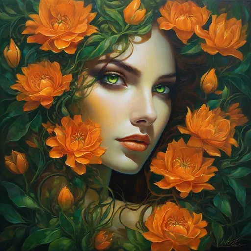 Prompt: Beautiful  hybrid woman with orange flowers sprouting from her, oil painting, detailed green eyes,  ethereal glow, dark and mysterious, high quality, vibrant colors, surreal, haunting, intricate floral details, intense gaze, mystical atmosphere, oil painting, demon, hybrid, fiery eyes, ethereal, vibrant colors, surreal, haunting, floral details, intense gaze, mystical atmosphere