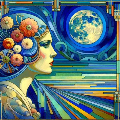 Prompt: a painting of a woman with flowers in her hair and a blue sky behind her is a full moon, Edwin Georgi, pop surrealism, tristan eaton, an art deco painting