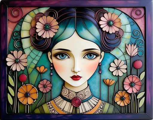 Prompt: Abstract encaustic texture, gradient inking colors, Jessica Galbreth, Irmgard Schoendorf Welch, Javier Mariscal, Charles Rennie Mackintosh, Lee Mullican style, a beautiful whimsical young woman, wonderland, decoupage.