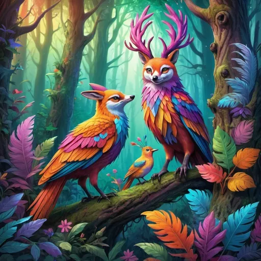 Prompt: Vibrantly colored fantasy illustration of a mystical forest, magical creatures with vibrant fur and feathers, enchanting flora with vivid hues, high-quality, detailed, fantasy, vibrant colors, mystical creatures, magical forest, enchanting flora, professional, atmospheric lighting