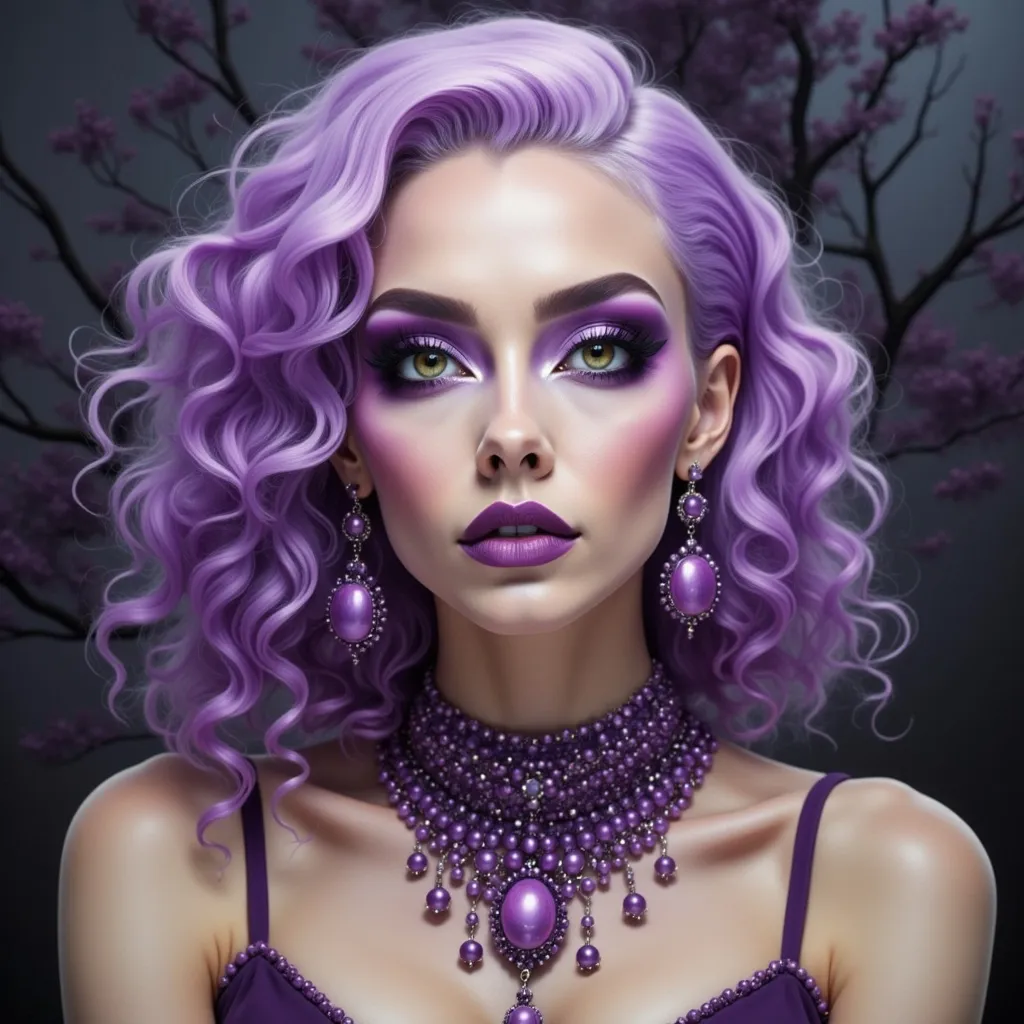 Prompt: a woman with purple makeup and purple hair is wearing a purple outfit and purple necklaces and purple eyeliner, Eva Frankfurther, synchromism, purple, a photorealistic painting