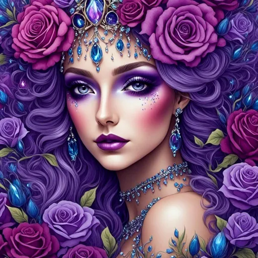 Prompt: <mymodel> peacock fairy goddess, purple roses, facial closeup