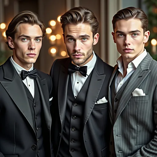 Prompt: Dressed to impress, three young men stand together in an elegant setting, exuding sophistication and charm. Their varying tailored suits—a classic black tuxedo with a bow tie, a sleek vest with matching pants, and a stylish gray pinstripe ensemble—highlight their individual styles while maintaining a cohesive look. Each possesses striking features, complemented by meticulously styled hair and intense gazes that draw attention to their piercing green eyes. The softly lit background hints at an upscale venue, perhaps a gala or formal event, enhancing the overall refined mood conveyed by the scene. The image captures a sense of camaraderie and elegance, suggesting a moment poised between anticipation and celebration.