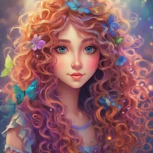 Prompt: A cute colorful fairy with curly  long hair, facial closeup