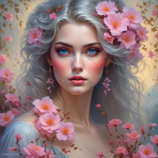 Prompt: <mymodel>a beautiful woman , lots of pretty pink flowers