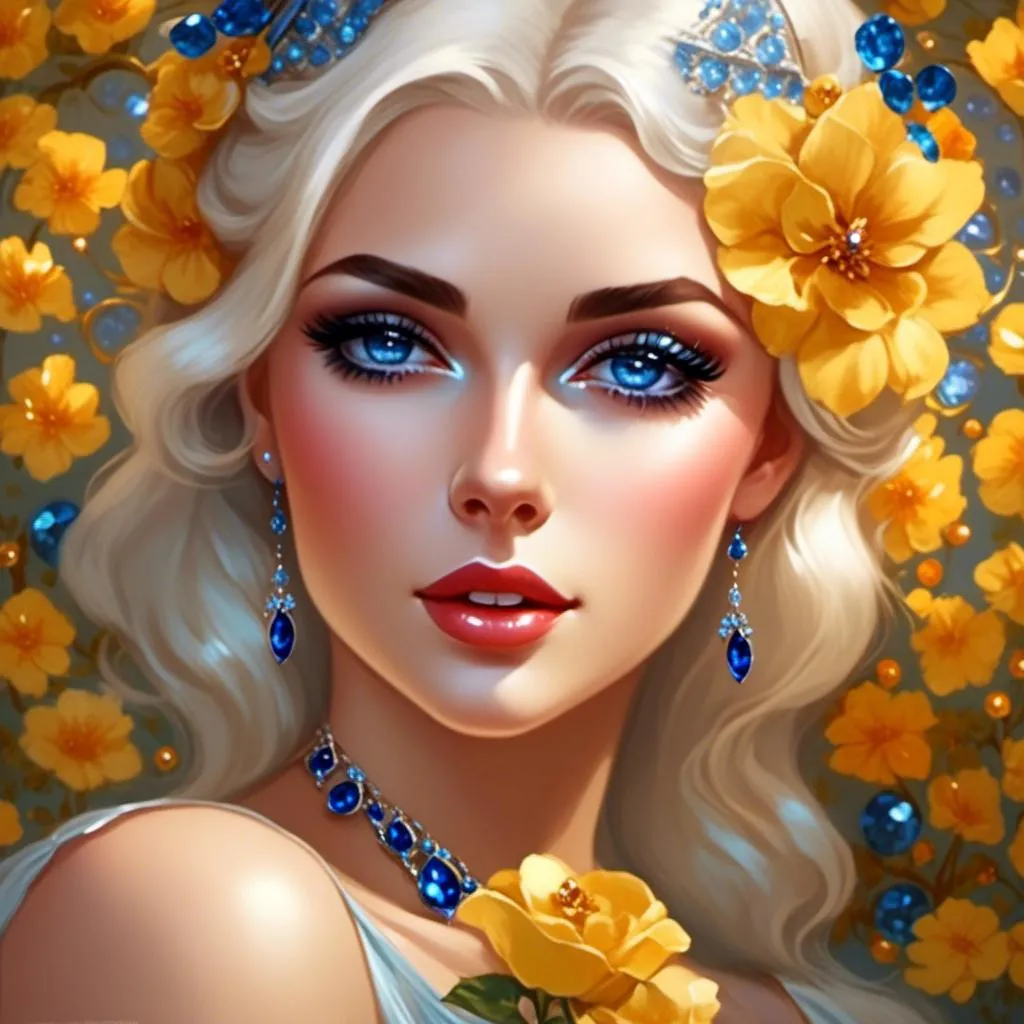 Prompt: <mymodel>A beautiful woman, snow white hair with pastel highlights, frosty blue eyes, blue eyeshadow, blue jewels on forehead