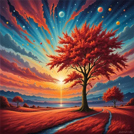 Prompt: Red sunset landscape, oil painting, vibrant colors, fine details, high-quality, realistic, warm tones, dramatic lighting, expansive horizon, silhouettes of trees, serene atmosphere