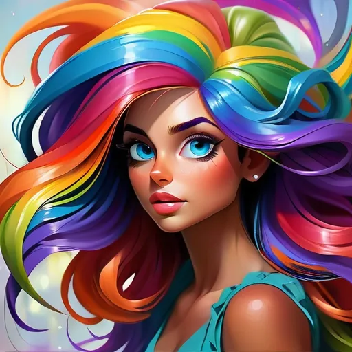 Prompt: Colorful digital painting of a vibrant young woman, flowing rainbow hair, twinkles, expressive eyes, whimsical fantasy setting, high-quality, digital painting, colorful, vibrant, flowing hair, expressive eyes, whimsical, fantasy, detailed, professional, bright colors, atmospheric lighting