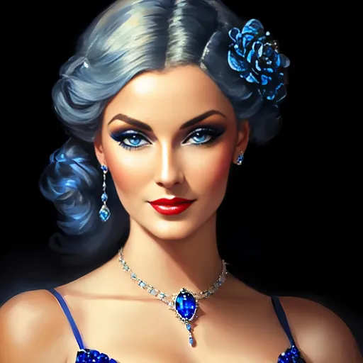 Prompt: <mymodel>Glamorously dressed lady of rhe 1930's wearing sapphire jewelry,blue eyes